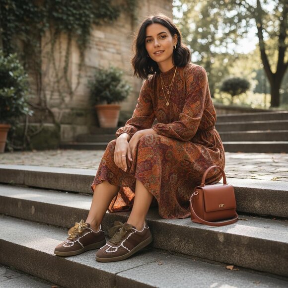 Belinda Womens Lace Detail Casual Dark Brown Sneakers Ribbon Lace Up Memory Foam - Picture 5 of 9